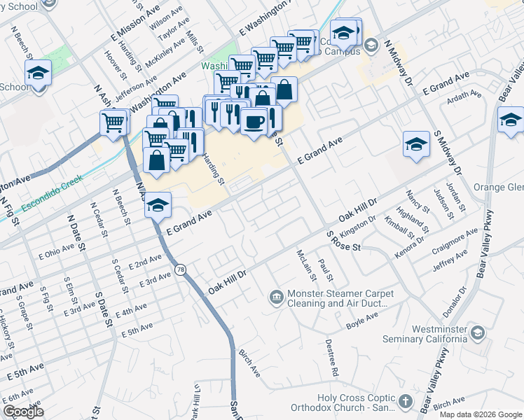map of restaurants, bars, coffee shops, grocery stores, and more near 1980 Valley Parkway in Escondido
