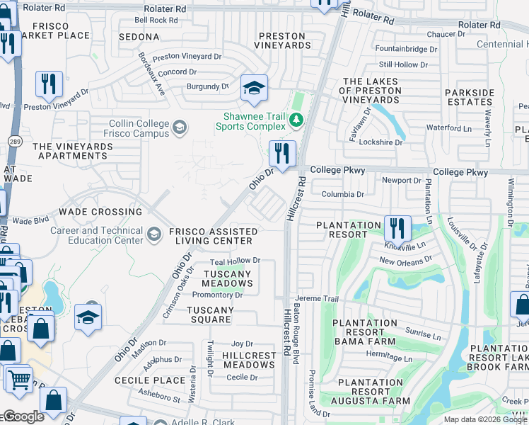 map of restaurants, bars, coffee shops, grocery stores, and more near 6214 Blythe Drive in Frisco