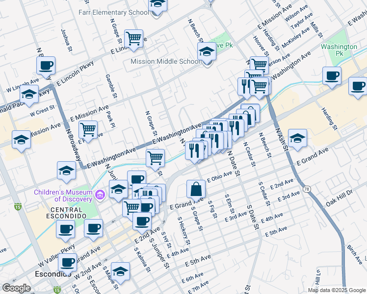 map of restaurants, bars, coffee shops, grocery stores, and more near 501 North Fig Street in Escondido