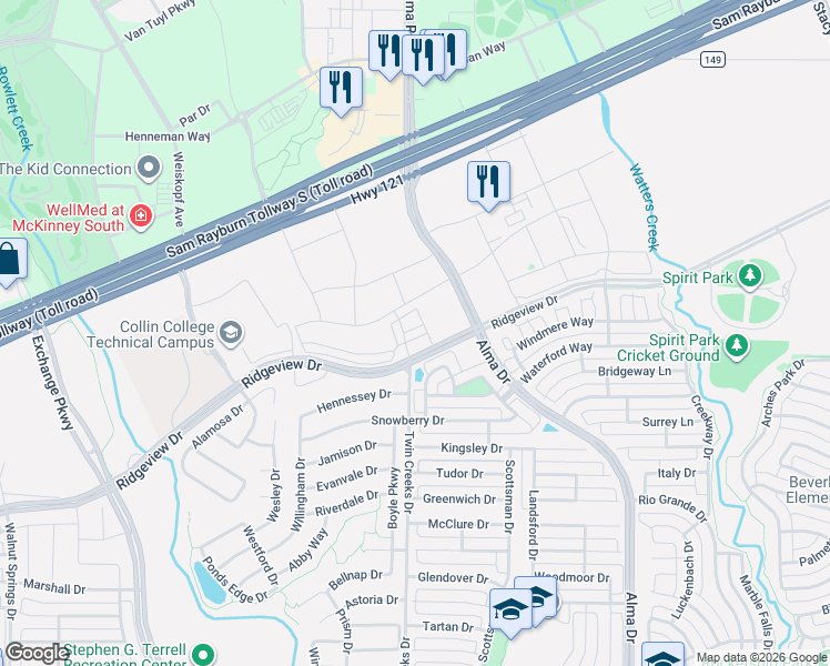 map of restaurants, bars, coffee shops, grocery stores, and more near 1472 Dulwich Drive in Allen