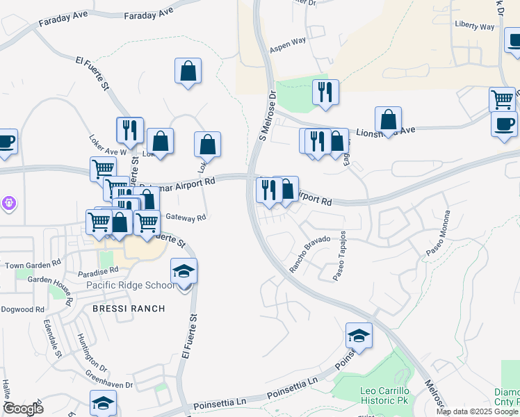 map of restaurants, bars, coffee shops, grocery stores, and more near 2915 Rancho Posta in Carlsbad