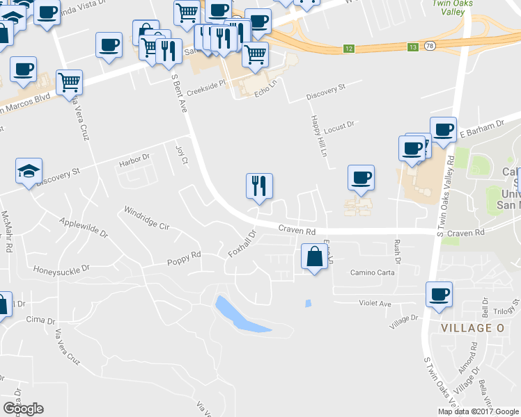 map of restaurants, bars, coffee shops, grocery stores, and more near 704 Foxhall Ct in San Marcos