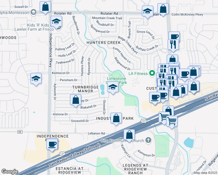 map of restaurants, bars, coffee shops, grocery stores, and more near Maltby Drive in Frisco