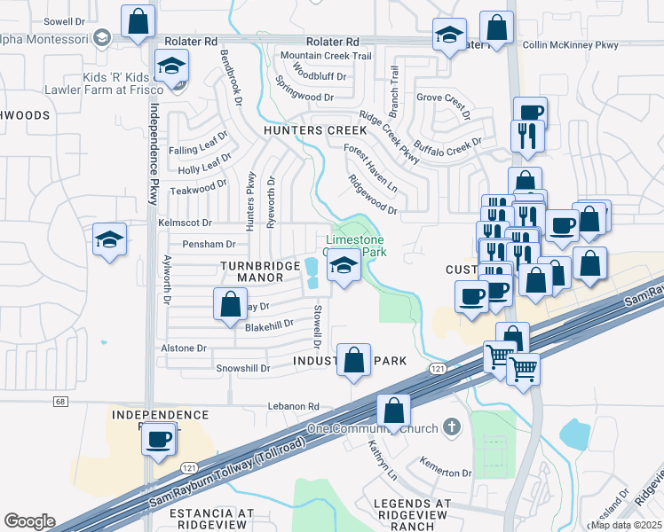 map of restaurants, bars, coffee shops, grocery stores, and more near Maltby Drive in Frisco