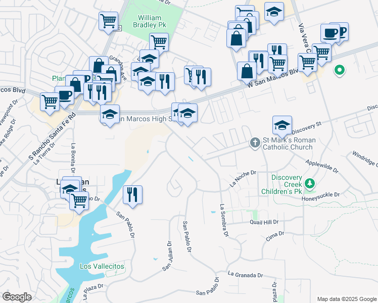 map of restaurants, bars, coffee shops, grocery stores, and more near 1267 Discovery Street in San Marcos