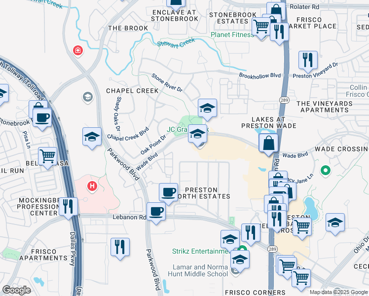 map of restaurants, bars, coffee shops, grocery stores, and more near 8111 Wade Boulevard in Frisco