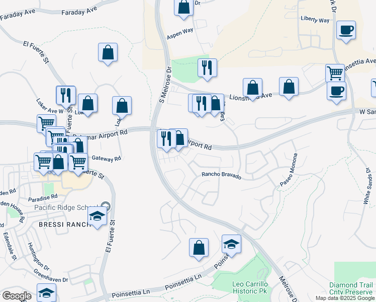 map of restaurants, bars, coffee shops, grocery stores, and more near 6008 Paseo Salinero in Carlsbad