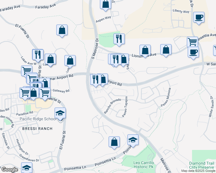 map of restaurants, bars, coffee shops, grocery stores, and more near 6008 Paseo Salinero in Carlsbad