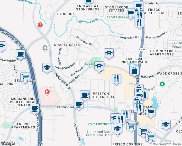 map of restaurants, bars, coffee shops, grocery stores, and more near 8111 Wade Boulevard in Frisco