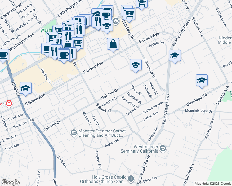 map of restaurants, bars, coffee shops, grocery stores, and more near 1711 Oak Hill Drive in Escondido