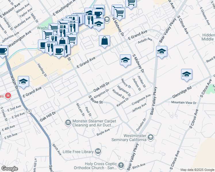 map of restaurants, bars, coffee shops, grocery stores, and more near 1711 Oak Hill Drive in Escondido