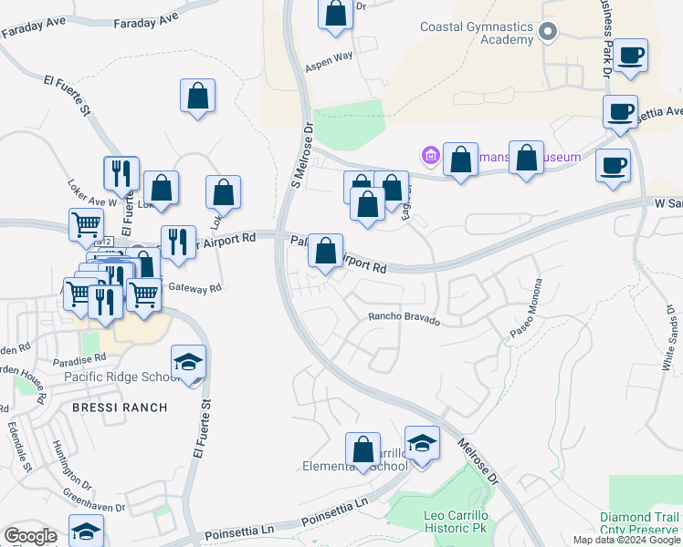 map of restaurants, bars, coffee shops, grocery stores, and more near 6057 Paseo Salinero in Carlsbad