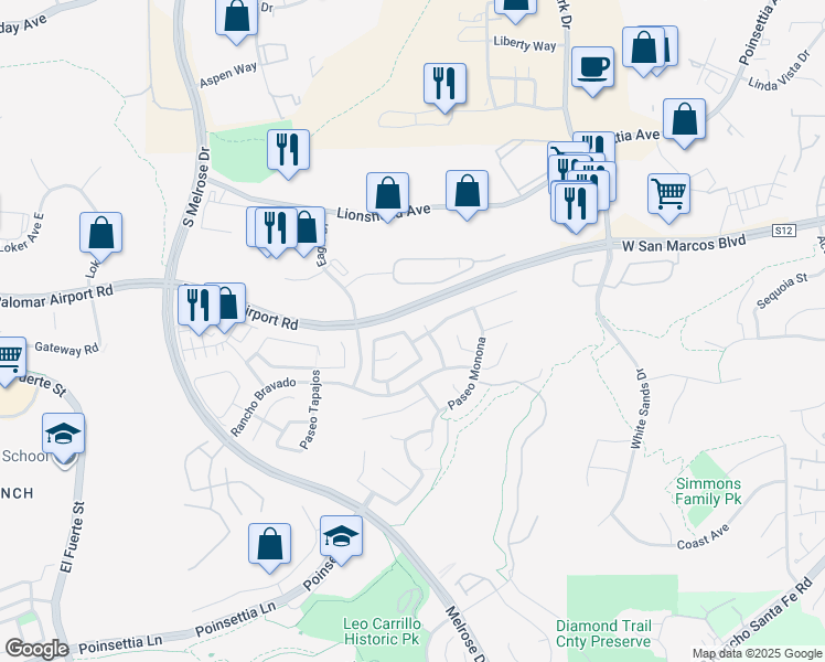 map of restaurants, bars, coffee shops, grocery stores, and more near 6049 Paseo Carreta in Carlsbad