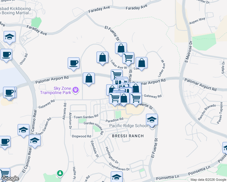 map of restaurants, bars, coffee shops, grocery stores, and more near 6108 Colt Place in Carlsbad