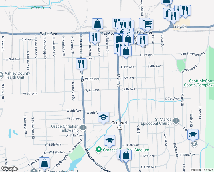map of restaurants, bars, coffee shops, grocery stores, and more near 506 Alabama Street in Crossett