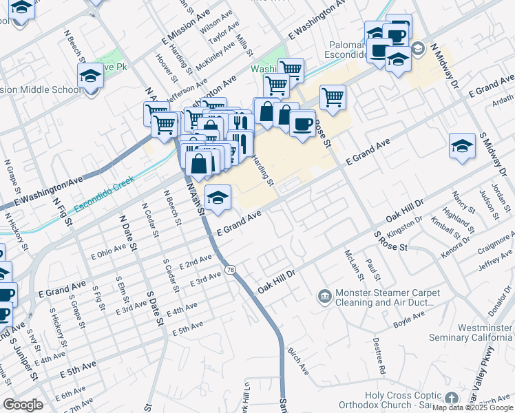 map of restaurants, bars, coffee shops, grocery stores, and more near 1316 East Grand Avenue in Escondido