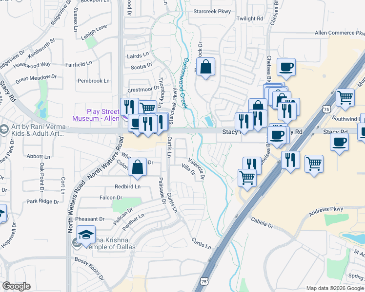 map of restaurants, bars, coffee shops, grocery stores, and more near 875 Merino Drive in Allen