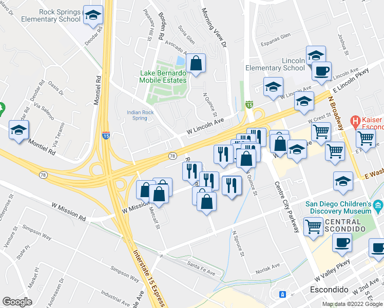 map of restaurants, bars, coffee shops, grocery stores, and more near 830 Dan Way in Escondido