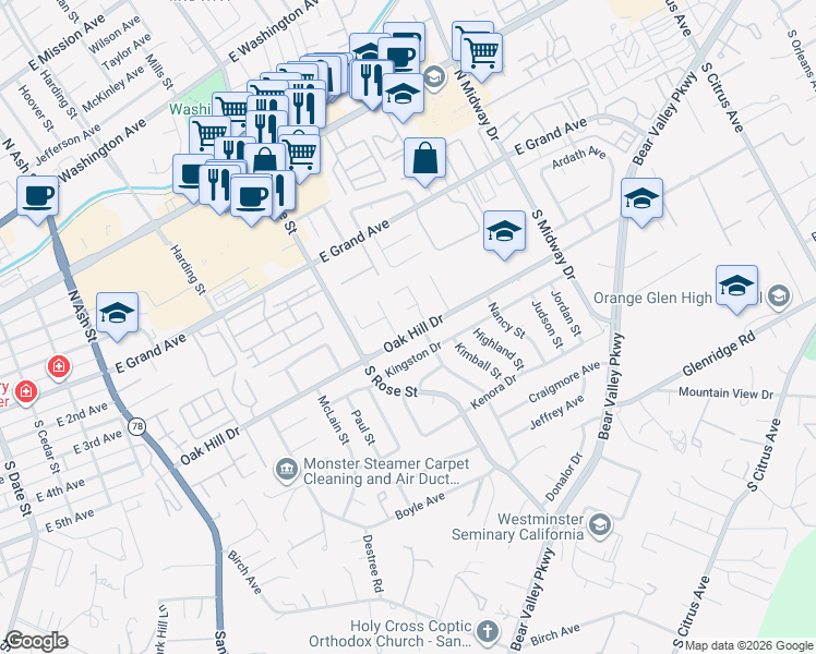 map of restaurants, bars, coffee shops, grocery stores, and more near 1700 Manchester Place in Escondido