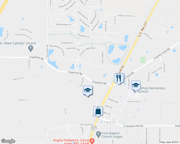 map of restaurants, bars, coffee shops, grocery stores, and more near 132 Crooked Cove in Argyle