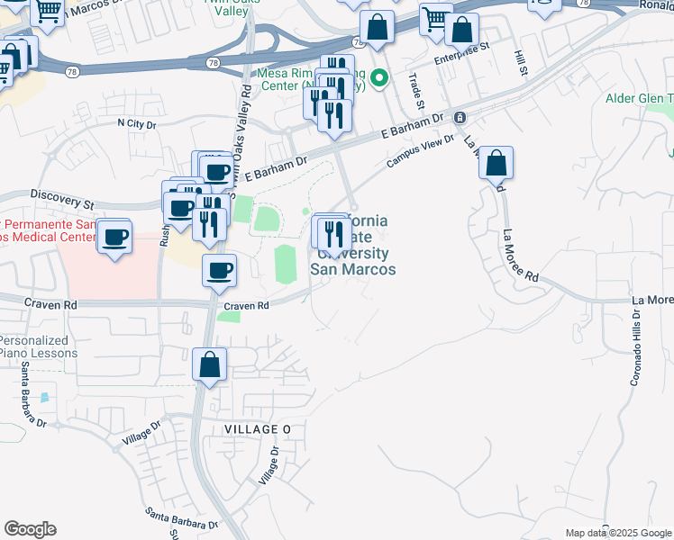 map of restaurants, bars, coffee shops, grocery stores, and more near 333 South Twin Oaks Valley Road in San Marcos