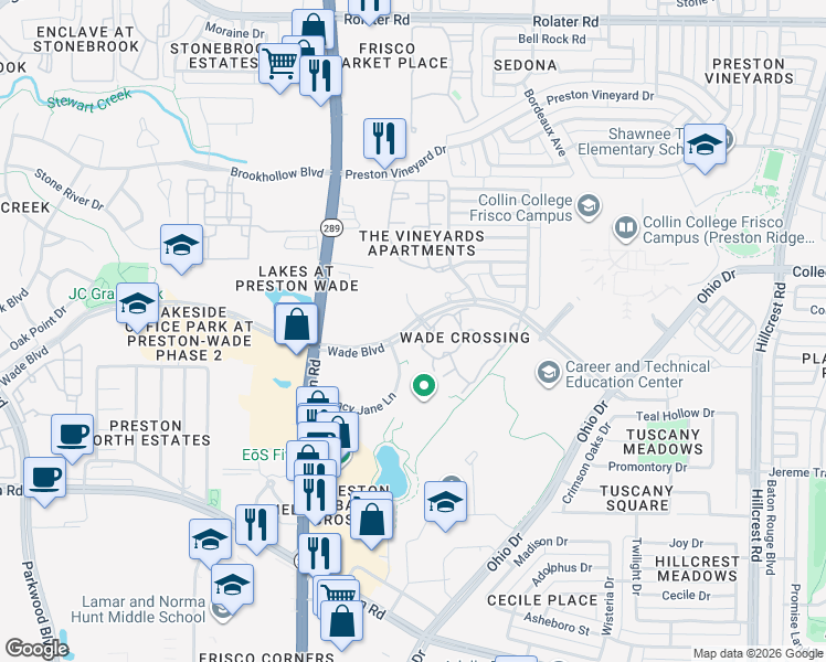 map of restaurants, bars, coffee shops, grocery stores, and more near 9369 Wade Boulevard in Frisco