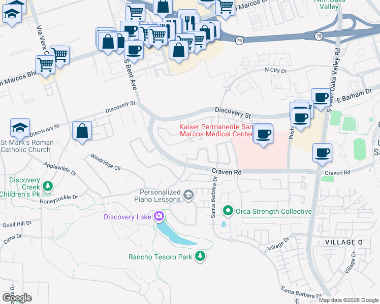 map of restaurants, bars, coffee shops, grocery stores, and more near 708 Foxhall Court in San Marcos