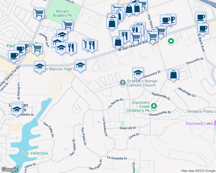 map of restaurants, bars, coffee shops, grocery stores, and more near 1220 Discovery Street in San Marcos