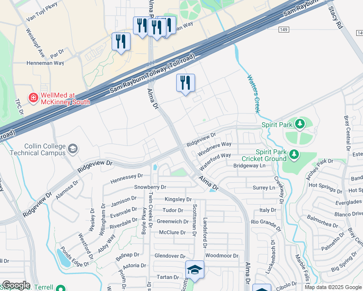map of restaurants, bars, coffee shops, grocery stores, and more near 2100 Alma Drive in Allen