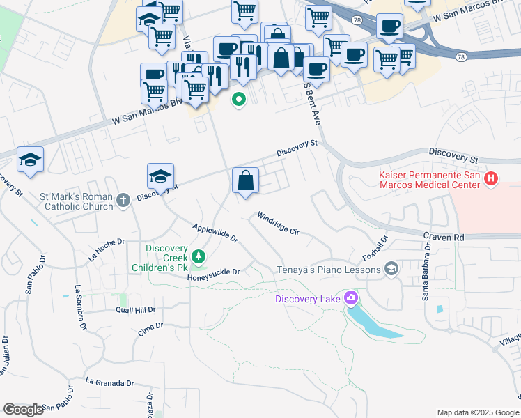 map of restaurants, bars, coffee shops, grocery stores, and more near 837 Windridge Circle in San Marcos