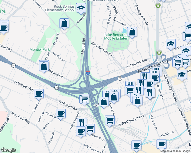 map of restaurants, bars, coffee shops, grocery stores, and more near 1115 Metcalf Place in Escondido