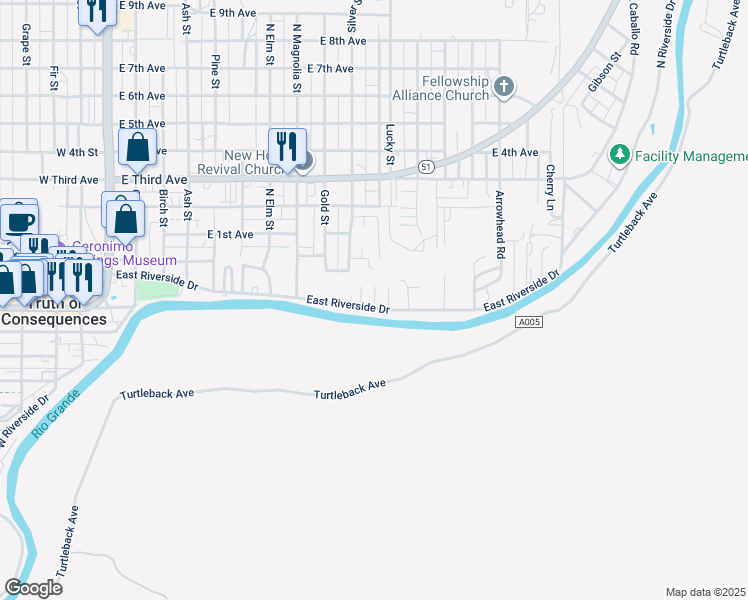 map of restaurants, bars, coffee shops, grocery stores, and more near 1058-1090 E Riverside Dr in Truth or Consequences