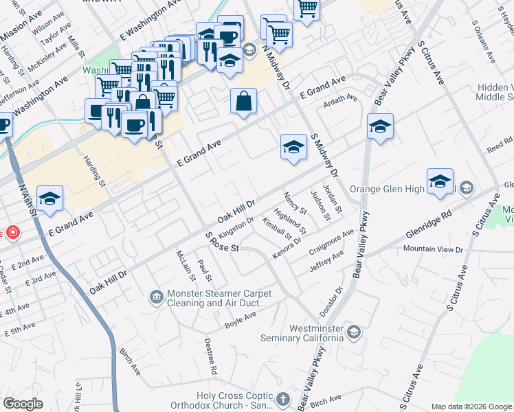 map of restaurants, bars, coffee shops, grocery stores, and more near 1730 Oak Hill Drive in Escondido