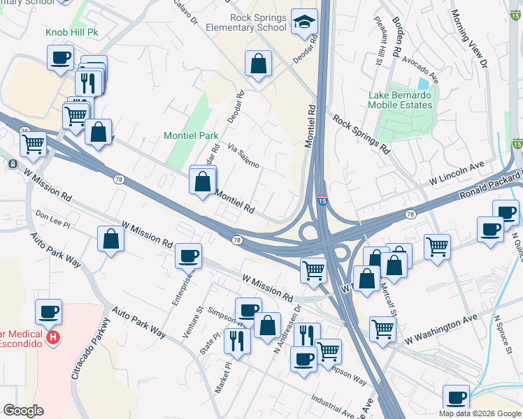 map of restaurants, bars, coffee shops, grocery stores, and more near 1499 Corte Rapallo in Escondido