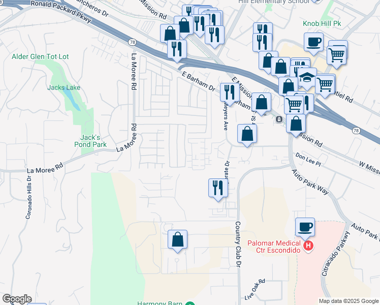 map of restaurants, bars, coffee shops, grocery stores, and more near 41 Grande Vista in San Marcos