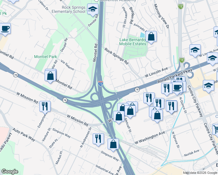 map of restaurants, bars, coffee shops, grocery stores, and more near 1115 Metcalf Place in Escondido