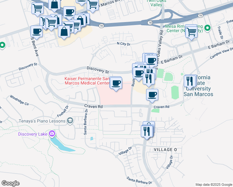 map of restaurants, bars, coffee shops, grocery stores, and more near 400 Craven Road in San Marcos