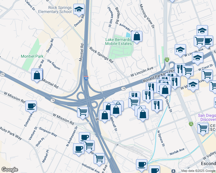 map of restaurants, bars, coffee shops, grocery stores, and more near 1035 West Lincoln Avenue in Escondido