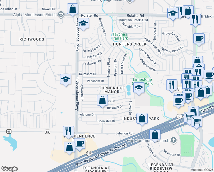 map of restaurants, bars, coffee shops, grocery stores, and more near 6216 Hunters Parkway in Frisco