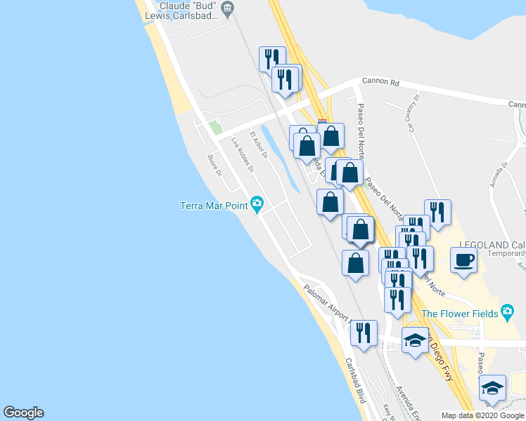 map of restaurants, bars, coffee shops, grocery stores, and more near 5390 Carlsbad Boulevard in Carlsbad