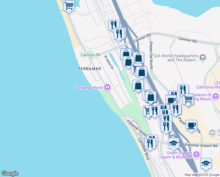 map of restaurants, bars, coffee shops, grocery stores, and more near 5390 Carlsbad Boulevard in Carlsbad