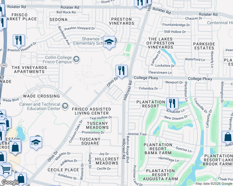 map of restaurants, bars, coffee shops, grocery stores, and more near 6214 Blythe Drive in Frisco