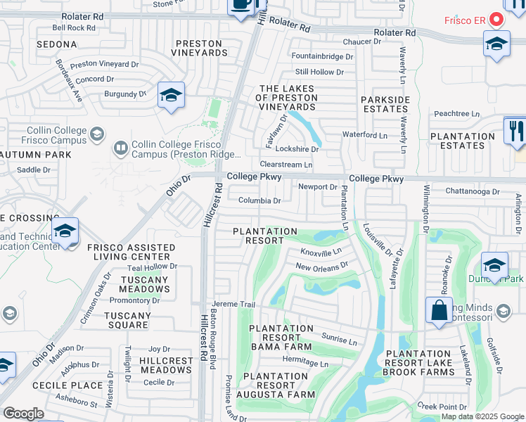 map of restaurants, bars, coffee shops, grocery stores, and more near 10900 Alexandria Drive in Frisco