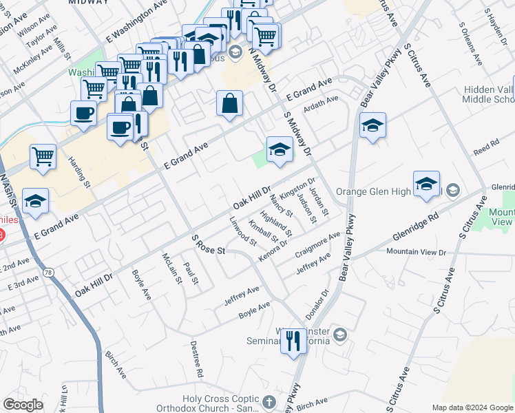 map of restaurants, bars, coffee shops, grocery stores, and more near 1802 Kingston Drive in Escondido