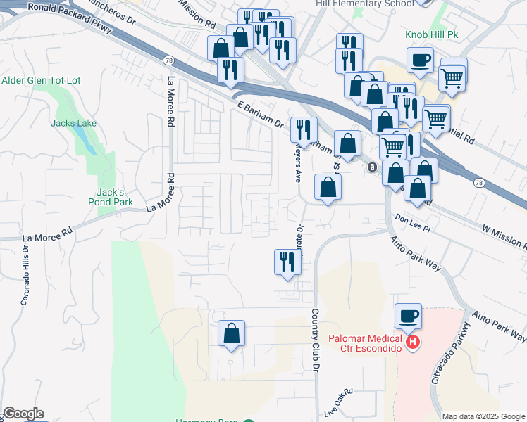 map of restaurants, bars, coffee shops, grocery stores, and more near 1227 Sunrise Way in San Marcos