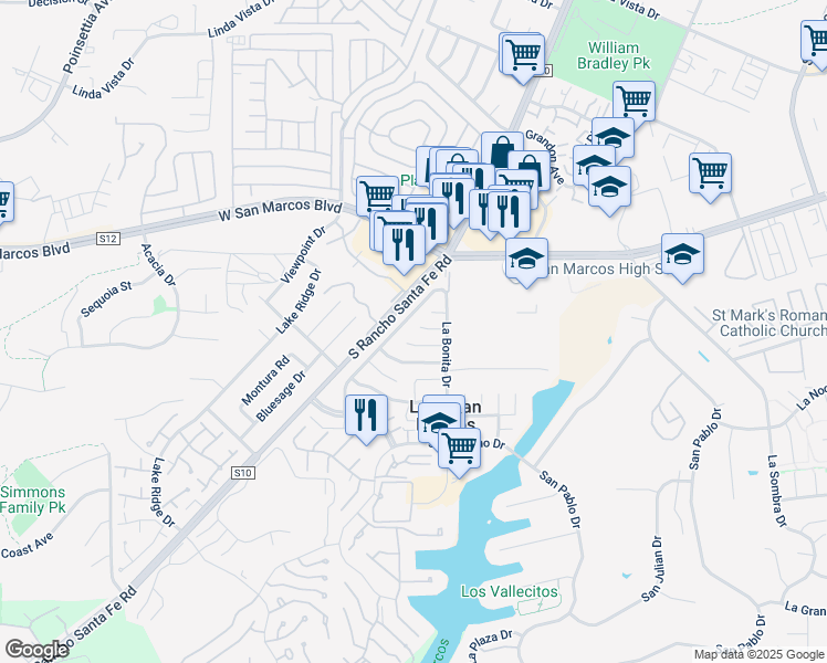 map of restaurants, bars, coffee shops, grocery stores, and more near 1623 La Bonita Way in San Marcos