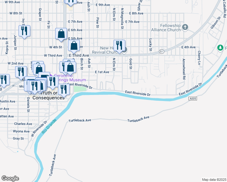 map of restaurants, bars, coffee shops, grocery stores, and more near 698 E Riverside Dr in Truth or Consequences