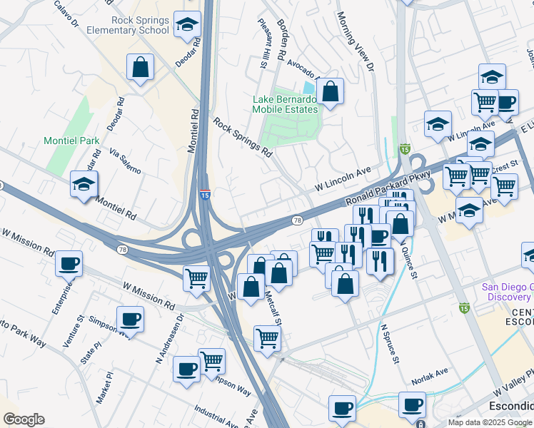 map of restaurants, bars, coffee shops, grocery stores, and more near 1035 West Lincoln Avenue in Escondido