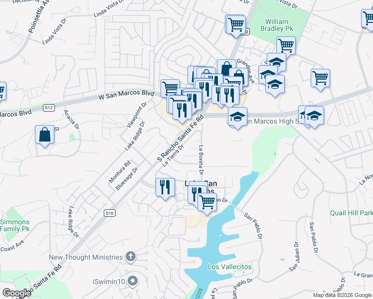 map of restaurants, bars, coffee shops, grocery stores, and more near 1623 La Bonita Way in San Marcos