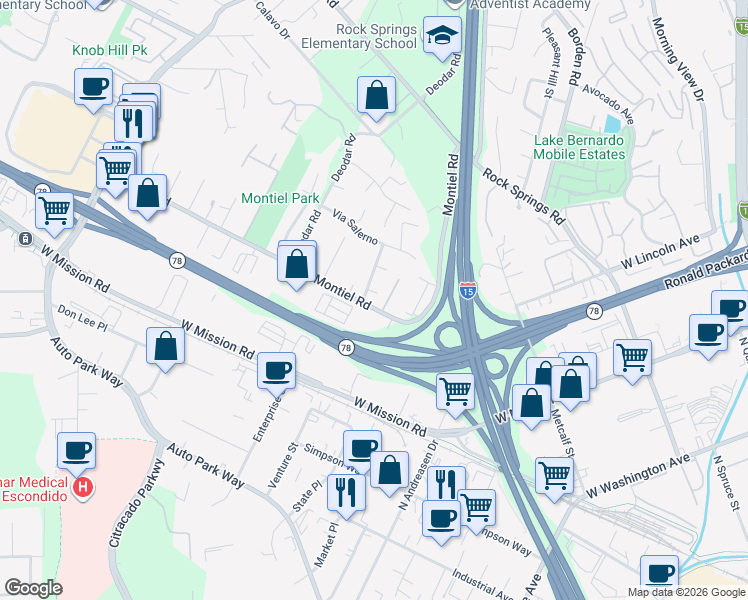 map of restaurants, bars, coffee shops, grocery stores, and more near 1487 Corte Rapallo in Escondido